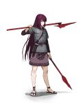  1girl alternate_costume celtic fate/grand_order fate_(series) full_body highres jason_kim long_hair polearm red_eyes red_hair sandals scar scathach_(fate) simple_background solo spear toeless_footwear weapon white_background 