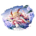  1girl barefoot bat_wings blonde_hair blush fang flower gloves granblue_fantasy hair_between_eyes hair_ornament hairclip head_wings japanese_clothes kimono long_hair looking_at_viewer lying minaba_hideo obi official_art on_stomach open_mouth petals pointy_ears red_eyes red_flower red_rose rose sash smile solo transparent_background vampire vampy white_gloves white_kimono wings yukata 