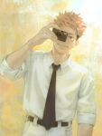  1boy black_necktie camera closed_mouth collared_shirt highres holding holding_camera itadori_yuuji jujutsu_kaisen light_smile male_focus necktie pants pink_hair qxq_illus shirt solo taking_picture undercut upper_body white_pants white_shirt yellow_background 