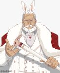  1boy animal_ears bara beard blue_eyes brooch cane cape dark-skinned_male dark_skin facial_hair grey_background highres jewelry jp_(street_fighter) large_pectorals long_hair looking_at_viewer male_focus mature_male muscular muscular_male mustache old old_man pectorals rabbit_ears sa1k0p solo street_fighter street_fighter_6 suit thick_eyebrows thick_mustache white_hair white_suit 