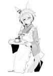  1girl absurdres alternate_costume animal_ears breasts dated food hair_between_eyes hair_ornament highres holding horse_ears horse_tail k.s.miracle_(umamusume) looking_at_viewer maid monochrome plate pudding saramiao-chan short_hair small_breasts smile solo tail tray umamusume wa_maid 