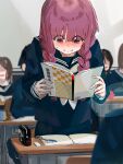  1girl blue_sailor_collar blue_serafuku blue_shirt blue_skirt blurry blurry_background blush bocchi_the_rock! book braid brown_hair chair classroom closed_mouth commentary_request desk funi_mu9 highres hiroi_kikuri holding holding_book indoors long_hair long_sleeves open_book people pleated_skirt purple_eyes purple_hair reading sailor_collar school_chair school_desk school_uniform serafuku shirt skirt solo_focus sweatdrop twin_braids 