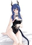  :o alternate_costume arknights black_bow black_bowtie black_leotard blue_hair blush bow bowtie breasts ch&#039;en_(arknights) cleavage detached_collar dragon_girl dragon_horns dragon_tail embarrassed hair_between_eyes hand_on_own_stomach highres hip_focus horns legs_together leotard lily0428 long_hair medium_breasts open_mouth red_eyes sitting tail teeth thigh_gap thighs twintails upper_teeth_only 