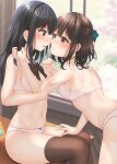  2girls black_bow black_bowtie black_eyes black_hair black_thighhighs blurry blurry_background blush bow bowtie bra breasts brown_eyes brown_hair closed_mouth commentary_request eye_contact face-to-face green_bow hair_bow hair_ornament indoors long_hair looking_at_another looking_to_the_side medium_breasts minato_ojitan multiple_girls navel noses_touching open_mouth original paid_reward_available panties profile short_hair sitting stomach thighhighs underwear underwear_only white_bra white_panties x_hair_ornament yuri 