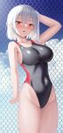  1girl black_one-piece_swimsuit blue_sky breasts chain-link_fence cloud competition_swimsuit covered_navel cowboy_shot fence highleg highleg_swimsuit highres large_breasts one-piece_swimsuit original red_eyes short_hair sky solo swimsuit tatsumiya_kagari towel two-tone_swimsuit white_hair 