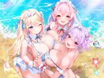  3girls bare_shoulders beach bikini blonde_hair blue_bikini blue_eyes blush breasts cleavage closed_mouth highres huge_breasts kanola_u light_purple_hair long_hair looking_at_viewer maid_headdress miniskirt multicolored_hair multiple_girls one_eye_closed open_mouth original pink_eyes pink_hair purple_eyes shore short_hair skirt smile streaked_hair swimsuit two_side_up white_bikini white_skirt 