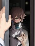  1girl :o blush bow brown_hair doorway eiyuu_densetsu grabbing_another&#039;s_hand green_eyes hair_bow hakuleg highres looking_to_the_side military_uniform open_door pov pov_doorway sen_no_kiseki towa_herschel uniform white_uniform 