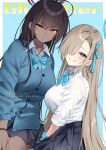  2girls asuna_(blue_archive) black_hair black_skirt blue_archive blue_background blue_bow blue_bowtie blue_eyes blue_nails blue_scrunchie blush bow bowtie breasts collared_shirt commentary_request cover cover_page dark-skinned_female dark_skin ear_piercing english_commentary hair_over_one_eye halo karin_(blue_archive) large_breasts long_hair long_sleeves looking_at_viewer multiple_girls nail_polish one_eye_covered parted_lips piercing scrunchie shirt shirt_tucked_in skirt smile teeth white_shirt wrist_scrunchie yamamura_umi yellow_eyes 