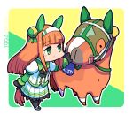  1girl 1other animal_ears birthday black_gloves black_pantyhose blunt_bangs creature_and_personification dated ear_covers frilled_skirt frills gloves green_background green_eyes hairband highres hime_cut horse horse_ears horse_girl horse_tail long_hair looking_at_another orange_hair pantyhose pleated_skirt puffy_sleeves real_life sidelocks silence_suzuka_(racehorse) silence_suzuka_(umamusume) skirt smile tail takatsuki_nato two-tone_background umamusume white_footwear white_hairband white_skirt yellow_background 