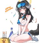  1girl :i animal_ears between_legs black_hair blue_archive blush bowl breasts cheerleader cleavage confetti crop_top danbal dog_ears dog_girl dog_tail halo hand_between_legs happy_birthday hat hibiki_(blue_archive) hibiki_(cheerleader)_(blue_archive) highres long_hair medium_breasts miniskirt party_hat pet_bowl pleated_skirt ponytail purple_eyes sitting skirt solo sweat tail white_background 
