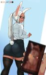 1girl 1other ? absurdres animal_ears ass biitii black_thighhighs blur_censor blush boku_no_hero_academia breasts cellphone censored dark-skinned_female dark_skin from_behind highleg highres holding holding_phone kneepits large_breasts long_eyelashes long_hair looking_at_viewer looking_back mirko office_lady open_mouth pantylines parted_bangs patreon_logo pencil_skirt phone ponytail pov pov_hands rabbit_ears rabbit_girl rabbit_tail rectangular_eyewear red_eyes shirt shirt_tucked_in skirt smartphone solo_focus sweatdrop tail tail_through_clothes thighhighs thighs toned twitter_logo twitter_username white_hair white_shirt 
