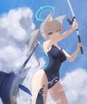  1girl absurdres animal_ear_fluff animal_ears black_one-piece_swimsuit blue_archive blue_eyes blue_sky breasts cloud competition_swimsuit covered_navel cross_hair_ornament day extra_ears fish fishing fishing_rod grey_hair gu0st hair_ornament halo highres low_ponytail marlin_(fish) medium_breasts medium_hair mismatched_pupils multicolored_clothes multicolored_swimsuit official_alternate_costume one-piece_swimsuit outdoors shiroko_(blue_archive) shiroko_(swimsuit)_(blue_archive) sky solo swimsuit swordfish wolf_ears 