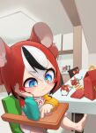  1girl absurdres aged_down animal_ears appleblossomtea apron black_hair chair child commentary female_child food french_fries hakos_baelz happy_meal head_rest highres hololive hololive_english kitchen mouse mouse_ears mouse_girl mr._squeaks_(hakos_baelz) pout red_hair short_twintails table toddler twintails virtual_youtuber white_apron white_hair 