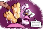  3_toes animatronic anthro avian baggy_(artist) beak bird blush bodily_fluids chicken clothing countershade_feet countershading crossed_legs cum cum_on_feet digital_media_(artwork) disembodied_penis duo ear_piercing feet female five_nights_at_freddy&#039;s five_nights_at_freddy&#039;s:_security_breach foot_fetish foot_play galliform gallus_(genus) genital_fluids genitals glamrock_chica_(fnaf) hi_res humanoid_genitalia humanoid_penis machine male male/female open_mouth paws penile penis phasianid piercing robot scottgames sex simple_background sitting smile soles solo_focus steel_wool_studios text toes 