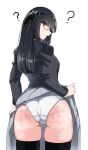  1girl ? black_shirt black_thighhighs blunt_bangs clothes_lift glasses lifted_by_self long_hair long_sleeves looking_at_viewer looking_back open_mouth original panties pleated_skirt shirabe_shiki shirt simple_background skirt skirt_lift solo spanked standing thighhighs underwear white_background white_panties yellow_eyes 