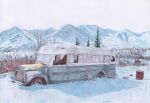  absurdres ballpoint_pen_(medium) bare_tree bus chair drum_(container) highres into_the_wild motor_vehicle mountain no_humans outdoors pavlo_scherbatyuk real_world_location scenery shadow snow traditional_media tree vehicle_focus 
