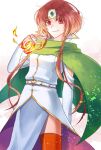  1girl brown_hair cape circlet dress fire fire_emblem fire_emblem:_thracia_776 fireball green_cape looking_at_viewer miranda_(fire_emblem) orange_thighhighs red_eyes rice_(rlce229) short_hair smile solo thighhighs white_dress 