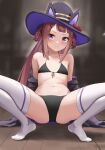  animal_ears baobaotao bikini blurry blurry_background breasts brown_hair collarbone commentary_request flat_chest hair_rings hat highres horse_ears horse_girl jacket long_hair looking_at_viewer navel sitting small_breasts smile spread_legs sweep_tosho_(umamusume) swimsuit thighhighs twintails umamusume witch_hat 