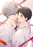  2boys black_eyes blue_shirt blush brown_hair collared_shirt dated facing_another grey_hair happy_birthday highres ikari_shinji looking_at_another multiple_boys nagisa_kaworu neon_genesis_evangelion one_eye_closed open_mouth red_eyes school_uniform shirt short_sleeves smile spiked_hair string string_of_fate tokyo-3_middle_school_uniform white_background white_shirt yaoi yuki_fumuke 