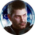  1boy avatar_icon beard black_hair chris_redfield closed_mouth commentary_request facial_hair green_shirt logo lowres male_focus official_art resident_evil resident_evil:_death_island shirt short_hair solo transparent_background upper_body v-shaped_eyebrows 