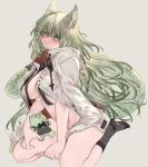  animal_ear_fluff animal_ears arknights between_legs breasts cape cat_ears cat_girl cat_tail coat coat_on_shoulders green_hair grey_socks hand_between_legs harmonie_(arknights) highres kneehighs kochiya_(gothope) large_breasts long_hair naked_coat no_shoes socks stuffed_toy tail tail_ornament tail_ring white_cape 