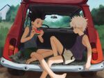  2boys barefoot black_hair child commentary day eating feet food fruit gon_freecss highres holding holding_food holding_fruit hunter_x_hunter killua_zoldyck knee_up legs mizukiyoi motor_vehicle multiple_boys rear-view_mirror rug sitting soles symbol-only_commentary tank_top toenails toes tree watermelon white_hair 
