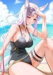  1girl animal_ears bare_shoulders black_one-piece_swimsuit blue_sky breasts cleavage cloud cloudy_sky commentary_request ear_ornament eyewear_on_head feet_out_of_frame gold_ship_(run_revolt_launcher)_(umamusume) gold_ship_(umamusume) grin hand_in_own_hair highres horse_ears horse_girl horse_tail kinoyama_(0202) large_breasts long_hair looking_at_viewer o-ring o-ring_swimsuit official_alternate_costume one-piece_swimsuit outdoors red_eyes sky smile solo sunglasses swimsuit tail thigh_strap umamusume 
