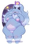  2023 anthro areola belly breasts candle canid canine female fire fur generation_9_pokemon genitals greavard grey_body grey_fur hair hair_over_eyes hi_res iliekbuttz long_hair mammal moon navel nintendo nude overweight overweight_anthro overweight_female pokemon pokemon_(species) pussy smile solo standing 