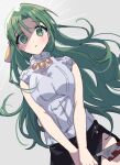  1girl black_skirt blood blood_on_knife blush green_eyes green_hair higurashi_no_naku_koro_ni holding holding_knife knife long_hair parted_bangs skirt sleeveless sleeveless_sweater solo sonozaki_shion sweater white_sweater yang38 