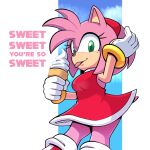  1:1 2023 accessory amy_rose anthro biped black_nose bracelet breasts clothed clothing dessert dress english_text eulipotyphlan female food gloves green_eyes hair_accessory hairband handwear head_tuft hedgehog hi_res holding_food holding_ice_cream holding_object hyoumaru ice_cream jewelry looking_at_viewer mammal pink_body red_clothing red_dress sega solo sonic_the_hedgehog_(series) standing text tongue tongue_out tuft white_clothing white_gloves white_handwear 