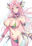  1girl armlet bare_arms bare_shoulders bikini black_choker blue_eyes bracelet breasts character_request choker commentary_request cowboy_shot eternal_wheel facial_mark forehead_mark green_bikini green_nails highres jewelry large_breasts long_hair looking_at_viewer matsuda_(matsukichi) navel necklace pink_hair pink_lips shawl smile solo standing stomach swimsuit thighs very_long_hair white_background 