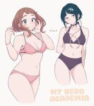  2girls bare_legs bare_shoulders bikini black_bikini black_hair blush boku_no_hero_academia brown_eyes brown_hair choker highres jirou_kyouka looking_at_viewer multiple_girls nashimo_(drz_n) navel o-ring pink_bikini swimsuit uraraka_ochako 