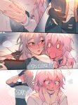  2girls blush full-face_blush highres honkai:_star_rail honkai_(series) honkai_impact_3rd march_7th_(honkai:_star_rail) multiple_girls parted_lips pink_hair shared_thought_bubble stelle_(honkai:_star_rail) teeth thought_bubble trailblazer_(honkai:_star_rail) wiistef yuri 