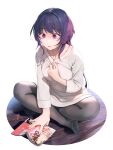  1girl black_pantyhose book collarbone crossed_legs crying crying_with_eyes_open highres long_hair long_sleeves manga_(object) okeno_kamoku open_mouth original pantyhose purple_eyes purple_hair shirt_grab simple_background sitting solo sweater tears wooden_floor 
