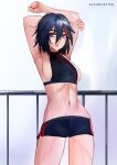  1girl absurdres alfarejected armpits arms_up bare_shoulders black_hair blue_eyes breasts exercise hair_between_eyes highres kill_la_kill looking_to_the_side matoi_ryuuko messy multicolored_hair navel panties railing short_hair sideboob signature simple_background sleeveless sports_bra stomach streaked_hair sweat trigger_(company) two-tone_hair underwear workout_clothes 