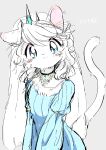  anthro blue_eyes blush breasts chest_tuft clothing cocri crown domestic_cat dress felid feline felis female female_anthro fur grey_background hair half-length_portrait headgear headwear hi_res inner_ear_fluff japanese_text jewelry long_hair looking_at_viewer mammal necklace pink_nose portrait princess_koyuki_(cocri) simple_background small_breasts smile solo text tiara tuft wavy_hair white_body white_fur white_hair 
