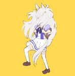  1girl animal_ears backpack bag biwa_hayahide_(umamusume) bow bowtie brown_footwear hair_over_eyes highres horse_ears horse_girl horse_tail kyoufuu_all_back_(vocaloid) long_hair purple_shirt school_uniform shirt shoes short_sleeves simple_background skirt solo tail thighhighs tracen_school_uniform tsukusawa_(tukunesour) umamusume walking white_background white_skirt white_thighhighs wind yellow_background 