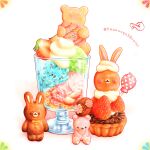  7makoogu28color artist_name bear candy color_ink_(medium) food food_focus fruit gingerbread_cookie glass heart highres ice_cream_scoop original painting_(medium) rabbit simple_background strawberry sweets tart_(food) traditional_media watercolor_(medium) 