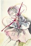  1girl blood blood_splatter calligraphy_brush closed_eyes hairband hand_on_own_chest highres ikeda_ruriko komeiji_satori medium_hair paintbrush painting_(medium) solo touhou traditional_media 