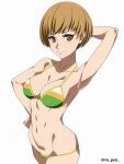  1girl arm_behind_head armpits bikini breasts brown_eyes brown_hair cleavage commentary_request cowboy_shot hand_on_hip highres looking_at_viewer medium_breasts multicolored_bikini multicolored_clothes persona persona_4 ra-pen satonaka_chie short_hair simple_background solo swimsuit twitter_username white_background 