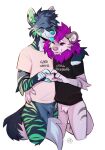  2023 anthro blep bottomless canid canine clothed clothing duo duskihorns embrace felid fur hi_res hug inner_ear_fluff kimara_(attackonwholock) lion male male/male mammal minty_b_chip pantherine shirt signature simple_background smile stripes t-shirt tail tongue tongue_out topwear tuft 
