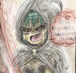  1girl anger_vein artist_request blade breasts cloak death_(entity) fang fire graphite_(medium) grim_reaper highres non-web_source original self-upload small_breasts traditional_media 