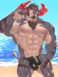  abs anthro beach body_hair bovid bovine bulge cattle chest_hair clothing detailed_bulge genital_outline horn lifewonders live_a_hero male mammal muscular muscular_anthro muscular_male nipples obsidius pecs penis_outline salz_sop sand seaside solo speedo swimwear 