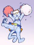  2023 3_toes anthro bemani biped blue_body blue_clothing blue_fur blue_pawpads blue_tongue blue_topwear bodily_fluids bottomwear bulge cheerleader chest_tuft clothed clothing crossdressing cute_fangs eyewear feet felid fur goggles hi_res inner_ear_fluff konami male mammal midriff navel nipple_outline ollie_(pop&#039;n_music) open_mouth pantherine panties pawpads pom_poms pop&#039;n_music raised_arms simple_background skimpy skirt snow_leopard soles solo sparkles spots spotted_body spotted_fur submarine_screw sweat sweaty_legs tail toes tongue topwear tuft underwear yellow_eyes 