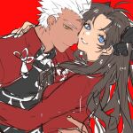  1boy 1girl archer_(fate) black_ribbon black_shirt blue_eyes blush brown_hair fate/stay_night fate_(series) hair_ribbon hug long_hair long_sleeves looking_at_viewer red_background red_shirt ribbon shimatori_(sanyyyy) shirt simple_background smile tohsaka_rin white_hair yellow_eyes 