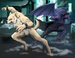  2023 absurd_res anthro bat canid canine canis chain claws clothed clothing colored cuff_(restraint) digital_drawing_(artwork) digital_media_(artwork) duo female fog fur hair hi_res jaydah_ayrshire laboratory male male/female mammal mynth open_mouth partially_clothed purple_body purple_fur restraints shackles shade_silverstar shaded tail teeth torn_clothing vampire white_body white_fur wings wolf yellow_body yellow_fur 