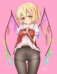  1girl artist_name bat_wings black_pantyhose blonde_hair blush clothes_lift crystal dated embarrassed flandre_scarlet haruki_(colorful_macaron) lifted_by_self looking_at_viewer nose_blush one_side_up panties panties_under_pantyhose pantyhose pink_panties puffy_short_sleeves puffy_sleeves red_eyes red_skirt red_vest short_sleeves side_ponytail skirt skirt_lift skirt_set solo standing thighband_pantyhose touhou underwear vest wings 