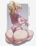  1girl aelion_draws alternate_costume ass ass_focus ass_grab back barefoot blonde_hair blue_eyes breasts crop_top earrings feet from_behind full_body highres jewelry large_breasts legs long_hair mario_(series) panties princess_peach sideboob sitting skindentation solo thighs toes underwear 
