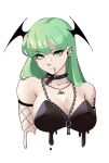  1girl alternate_costume bat_necklace black_collar black_leotard collar collarbone ear_piercing elbow_gloves english_commentary fishnet_gloves fishnets gloves green_eyes green_hair hair_behind_ear head_tilt head_wings highres jewelry leotard lip_piercing liquid long_hair looking_at_viewer morrigan_aensland necklace piercing portrait shinibun solo twitter_username vampire_(game) white_background wings 