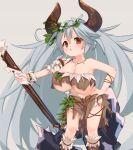  1girl bare_shoulders big_hair breasts brown_eyes character_request cleavage draph granblue_fantasy grey_hair halberd horns huge_breasts jewelry loincloth long_hair necklace oppai_loli parted_lips pedocchi polearm simple_background tooth_necklace tribal underboob very_long_hair weapon 